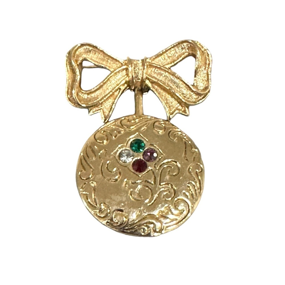 Vintage Avon DEAR Brooch Gold Tone Bow Pin Round Dangle Crystals Red Green